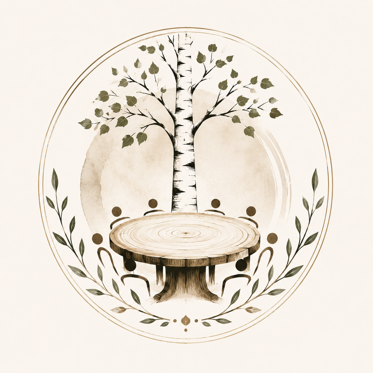 Around the Birch table logo — a birch tree at the centre of a circular table surrounded by gathered figures