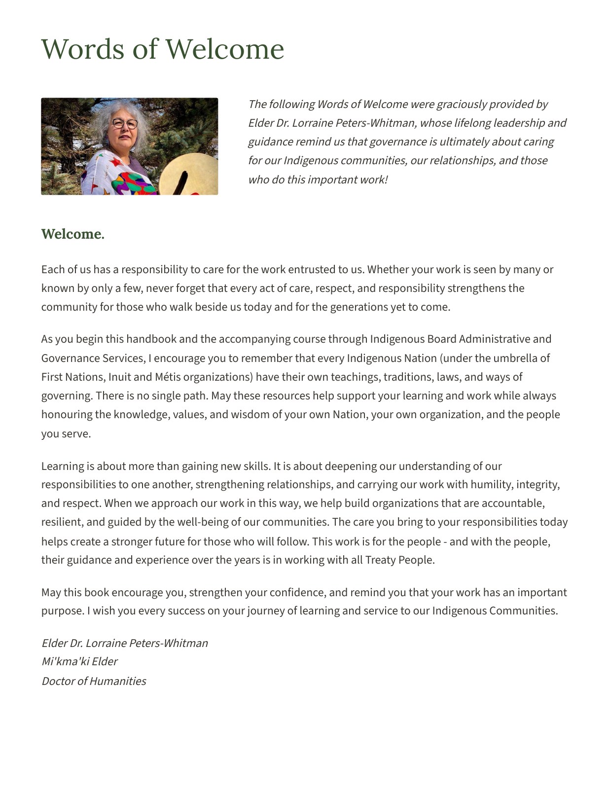 Words of Welcome from Elder Dr. Lorraine Peters-Whitman