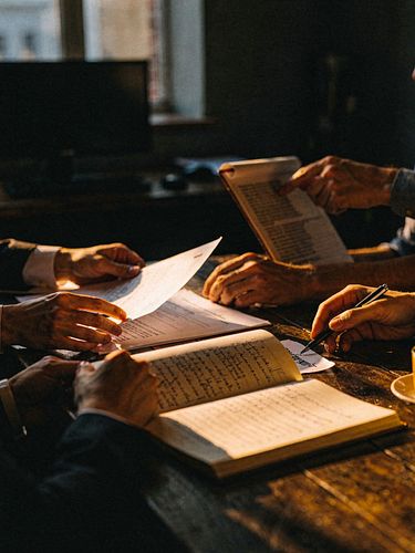 Printed reports and agendas spread across a meeting table with hands reviewing a page