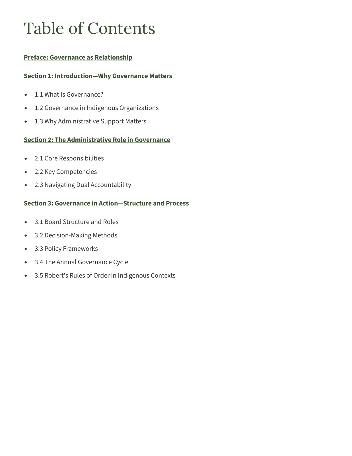 Handbook content excerpt — governance foundations, administrative responsibilities and Board processes