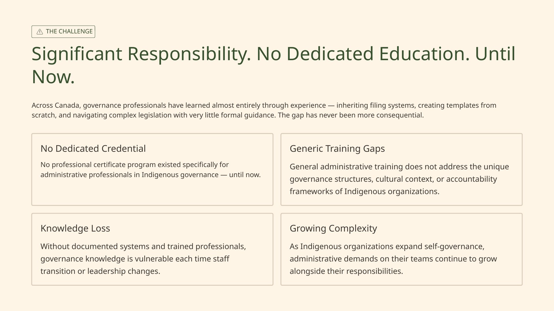 The challenge: significant responsibility, no dedicated education until now.