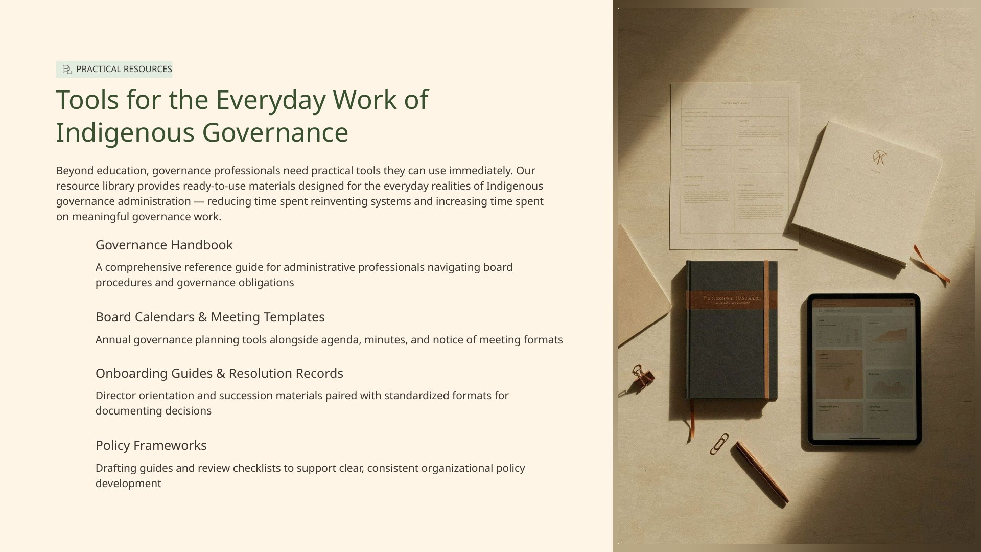 Practical resources: tools for the everyday work of Indigenous governance.