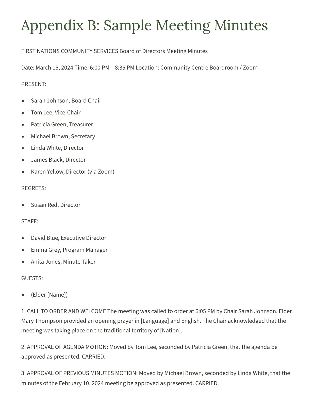 Handbook content excerpt — Appendix B sample meeting minutes, attendance and recorded motions