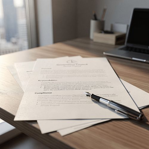 Governance documents and a pen resting on a desk in warm light