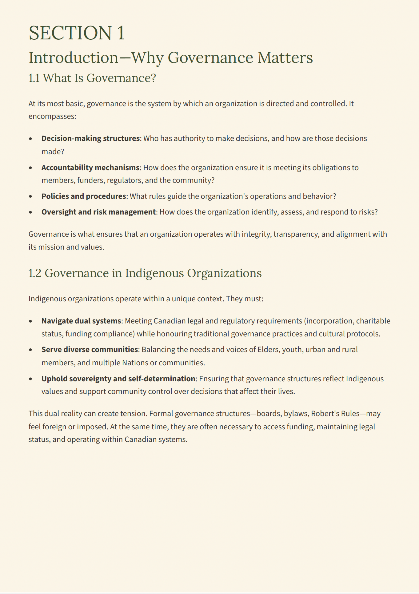 Section 1 — What governance means in Indigenous organizations