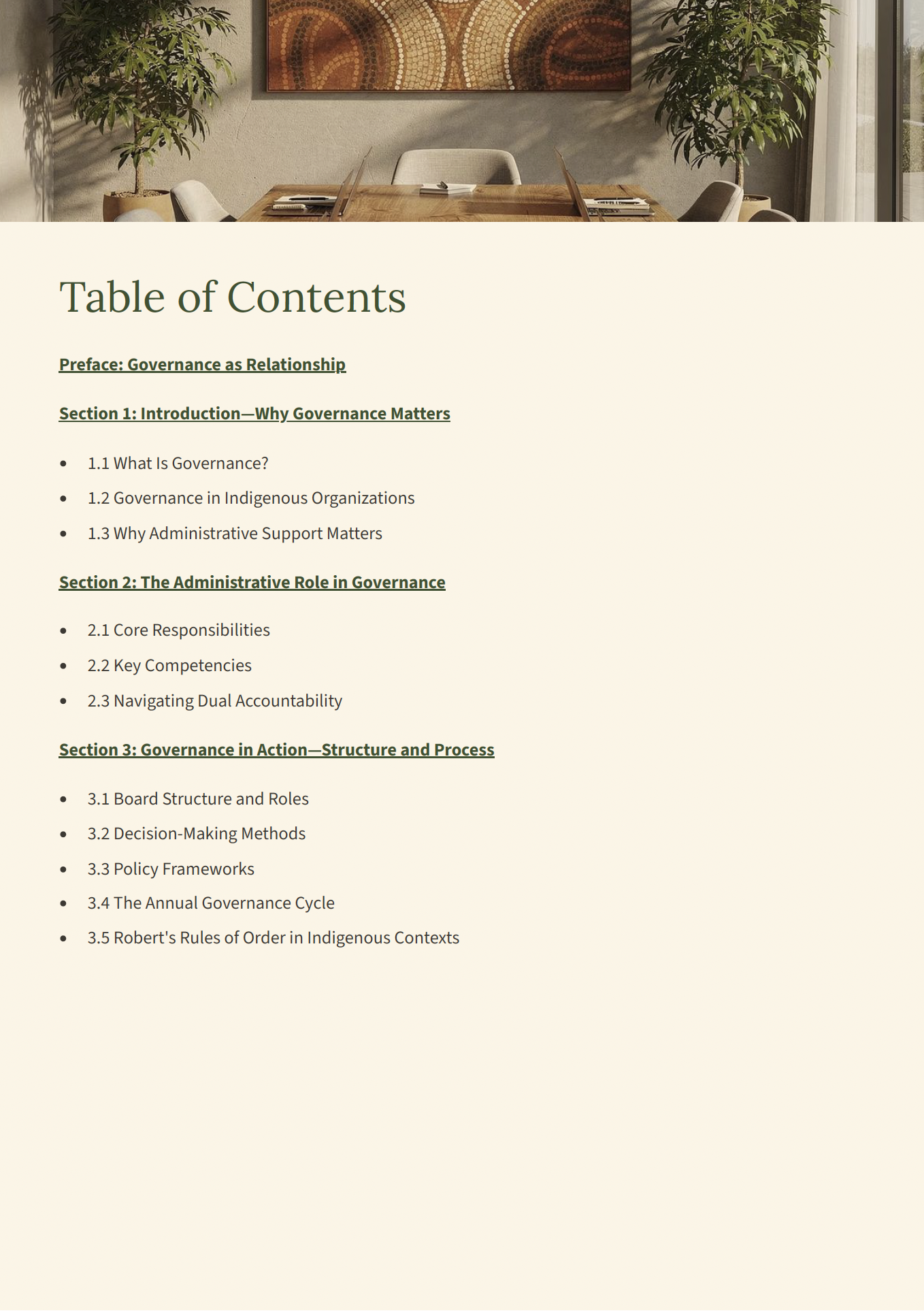 Table of Contents — governance, the administrative role, and governance in action