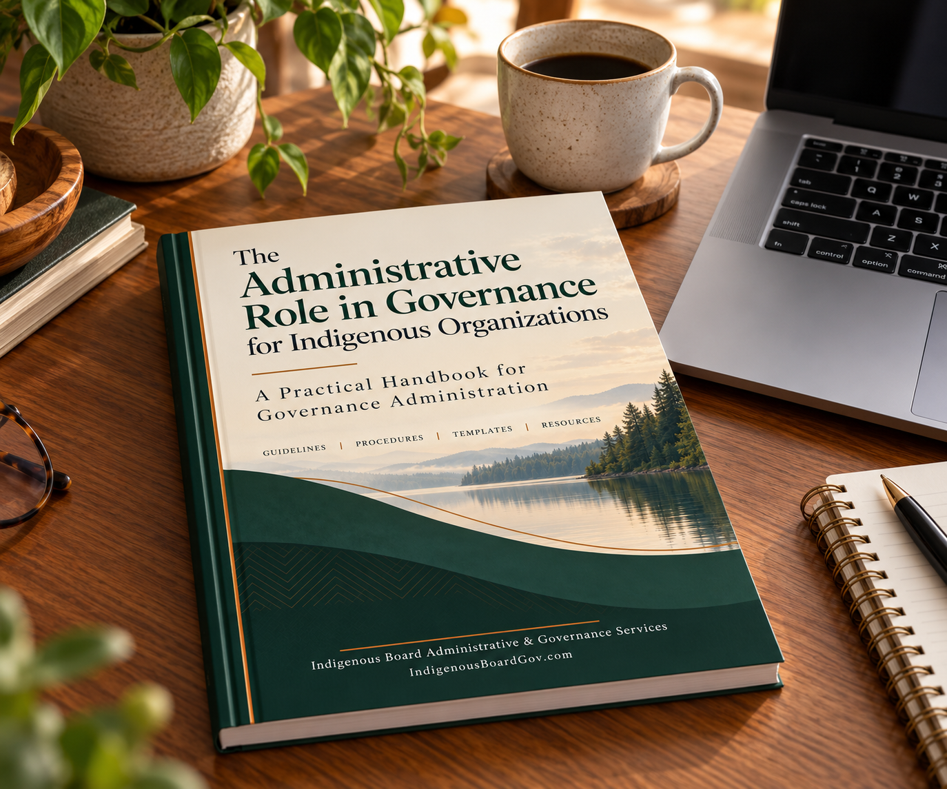 The Administrative Role in Governance for Indigenous Organizations handbook on a professional desk beside a laptop.