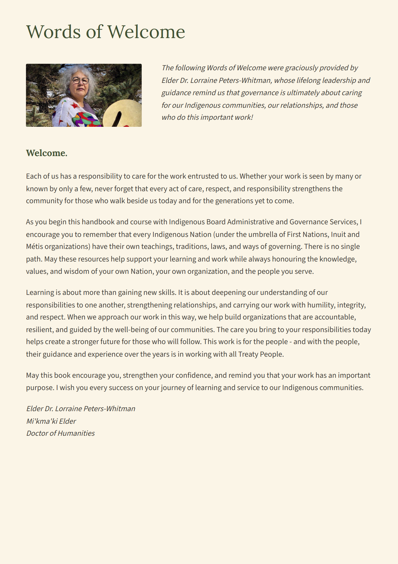 Words of Welcome from Elder Dr. Lorraine Peters-Whitman