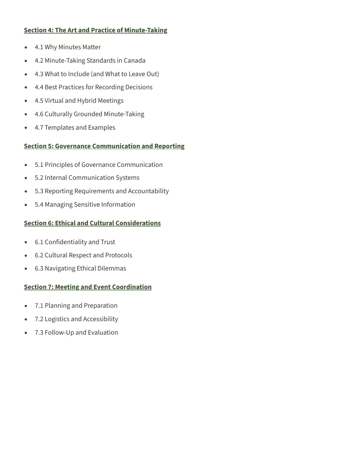 Handbook content excerpt — minutes, communication, ethics and meeting coordination