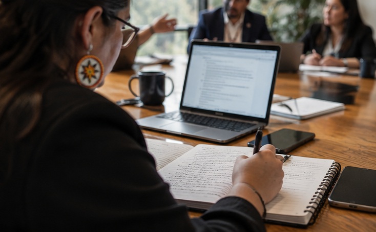 A woman taking handwritten notes beside a laptop during a Board meeting
