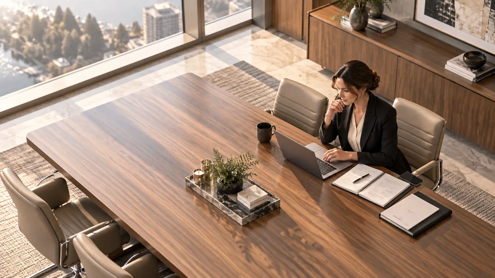Overhead view of a governance professional working at a boardroom table