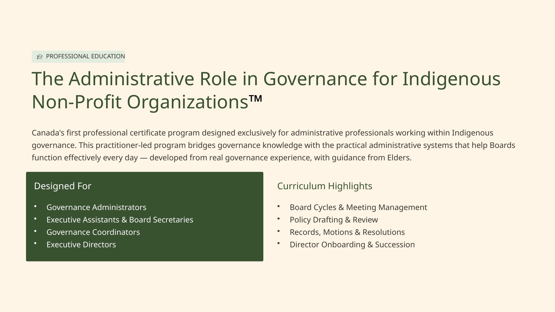 Professional education: The Administrative Role in Governance certificate program.