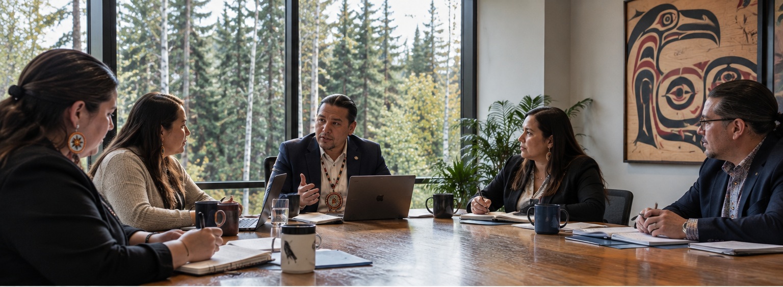 Professionals meeting around a boardroom table beside forest-facing windows and Indigenous artwork