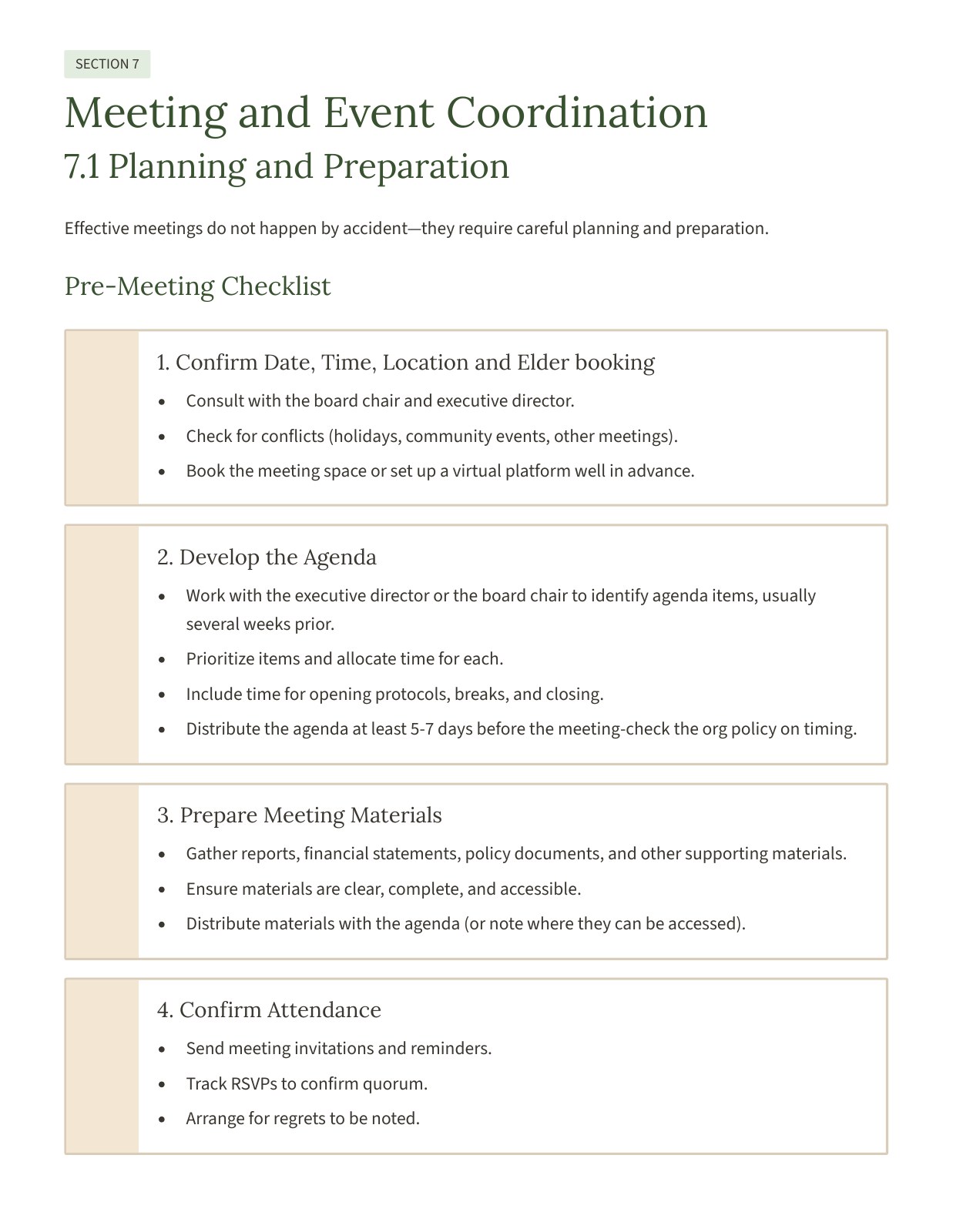 Handbook content excerpt — pre-meeting checklist for dates, agendas, materials and attendance