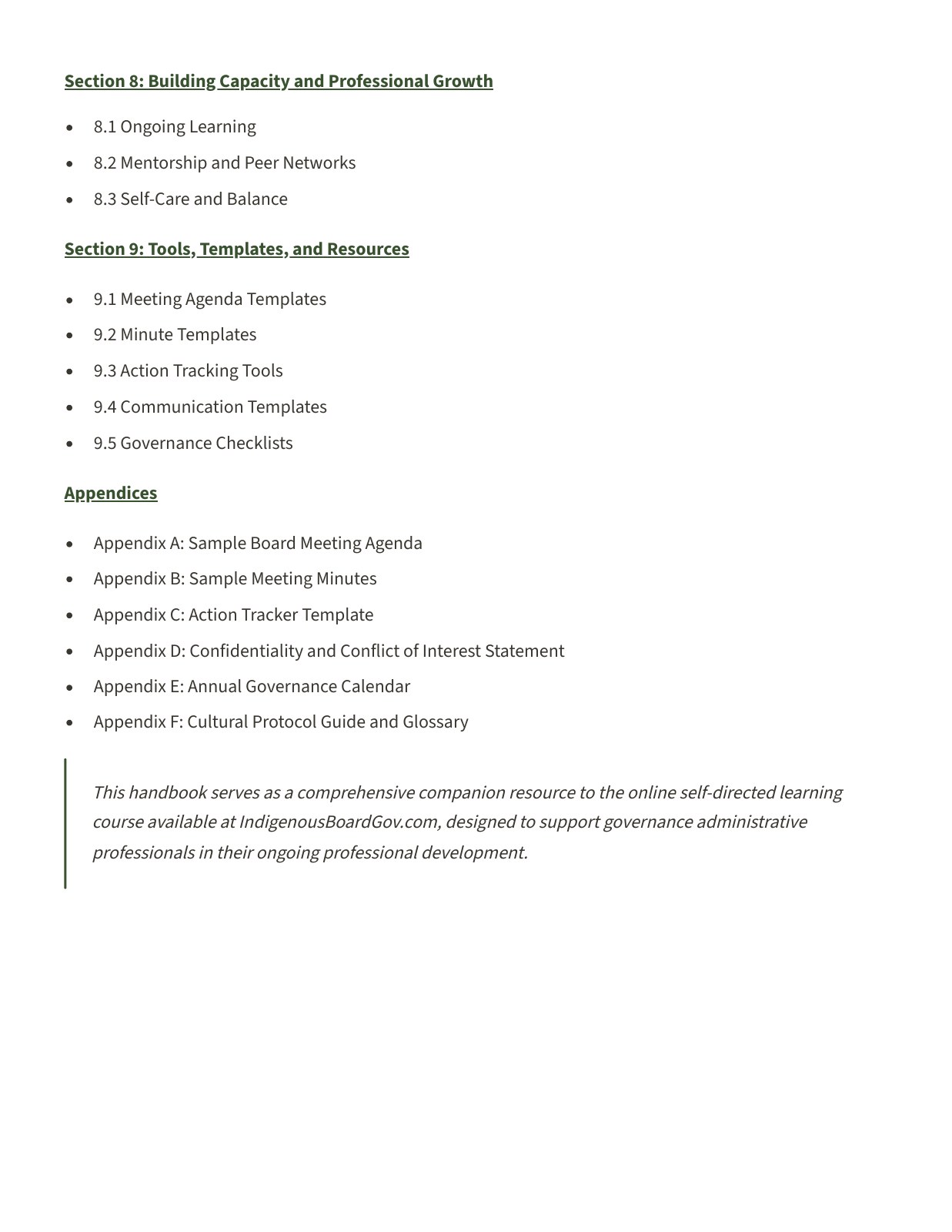 Handbook content excerpt — professional growth, tools, templates and appendices