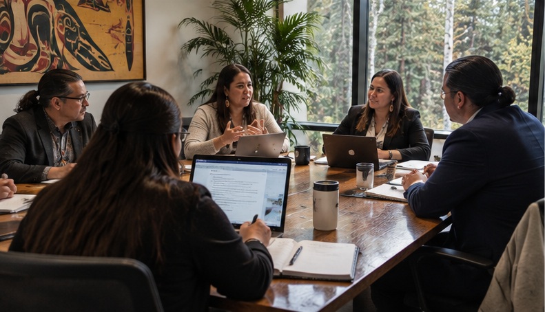 Professionals discussing Board work around a table with laptops, notebooks and Indigenous artwork