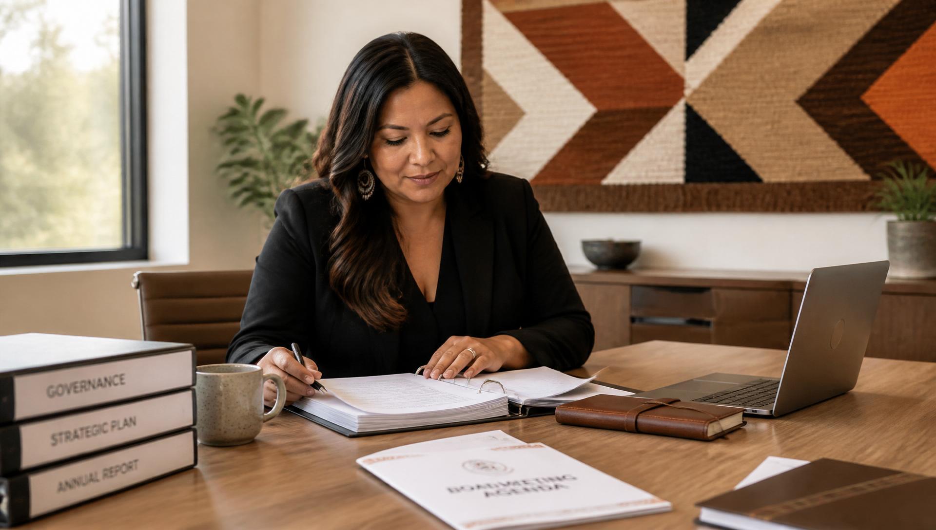 An Indigenous governance administrator reviewing board materials at a natural wood table in a warm, contemporary office.